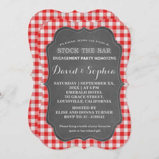 Stock die Bar Chalkboard Gingham Couples Dusche Einladung (Vorne/Hinten)