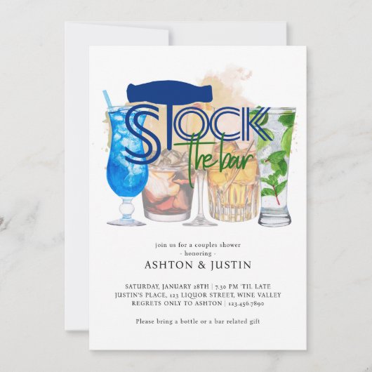 Stock die Bar Champagne Cocktails Couples Dusche Einladung (Vorderseite)