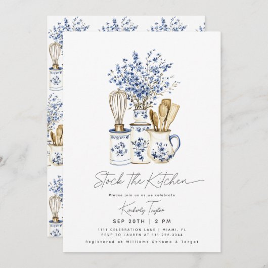 Stock Die Küche Chinoiserie Blaues Brautparty Einladung (Vorne/Hinten)