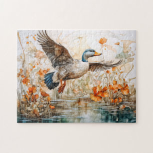 Stockente fliegt über Teich mit Blumen Puzzle