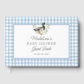 Stockenten-Entenkissen-Babyparty mit blauem Gingha Gästebuch (Vorderseite)