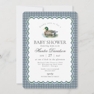 Stockentenjagd Blau Gingham Jungen-Baby-Party Einladung
