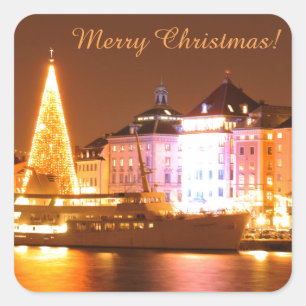 Stockholm, Schweden am Weihnachten nachts Quadratischer Aufkleber