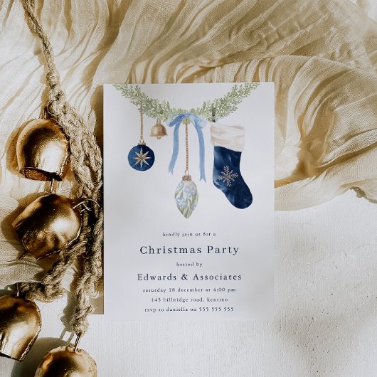 Stocking & Wreath Modern Blue Christmas Party Einladung