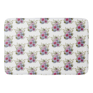 Stockrosen und Blaue Blumen mit Hummeln Badematte