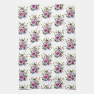 Stockrosen und Blaue Blumen mit Hummeln Geschirrtuch