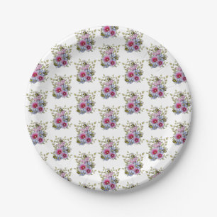 Stockrosen und Blaue Blumen mit Hummeln Pappteller