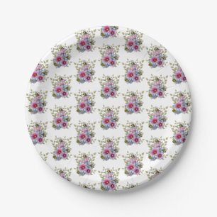 Stockrosen und Blaue Blumen mit Hummeln Pappteller