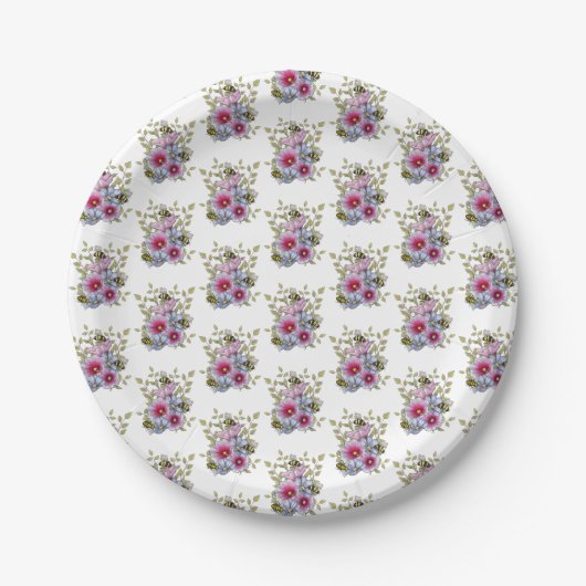 Stockrosen und Blaue Blumen mit Hummeln Pappteller (Vorderseite)