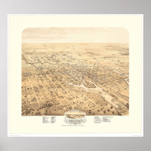 Stockton, CA Panorama Karte 1870 (1667A) - restaur Poster (Vorne)