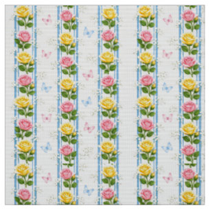 Stoff Rosa und gelbe Rosen Floral Blau Streifen