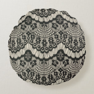 Stoffe Spitzen-Ornament auf Weiß. Rundes Kissen