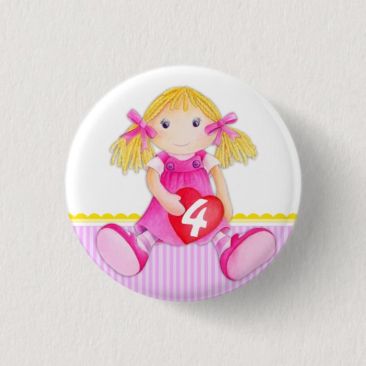 Stoffpuppe Mädchen 4 Geburtstag Button Abzeichen (Vorderseite)