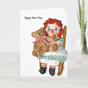 Stoffpuppe und Teddybär Namenstag Karte