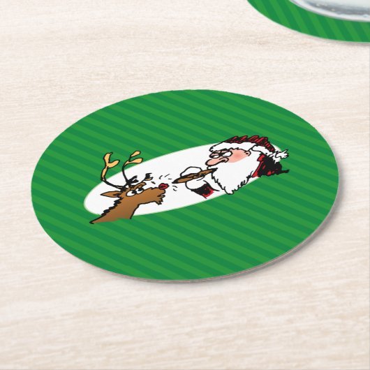 Stogie Santa und Rentier auf grünen Streifen Runder Pappuntersetzer (Angewinkelt)
