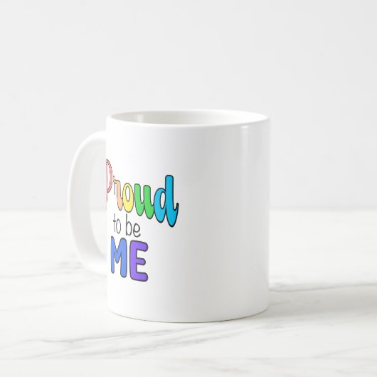 "Stolz auf mich" Regenbogentext Kaffeetasse (Vorderseite Links)