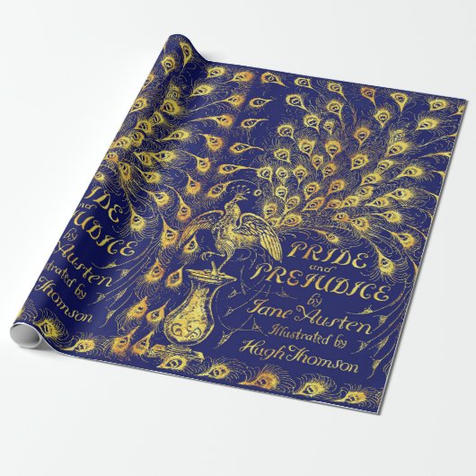 Stolz und Präjudice Blue Gold Pfauenbuchdeckung Geschenkpapier (Ungerollt)