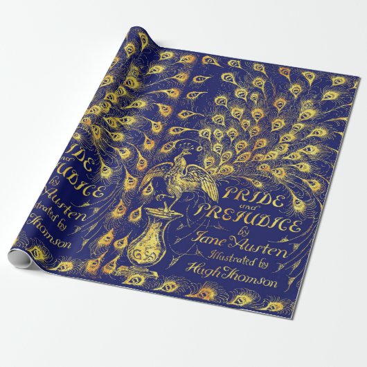 Stolz und Präjudice Blue Gold Pfauenbuchdeckung Geschenkpapier (Ungerollt)
