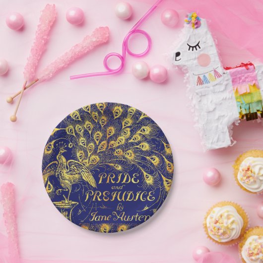 Stolz und Präjudice Blue Gold Pfauenbuchdeckung Pappteller (Party)