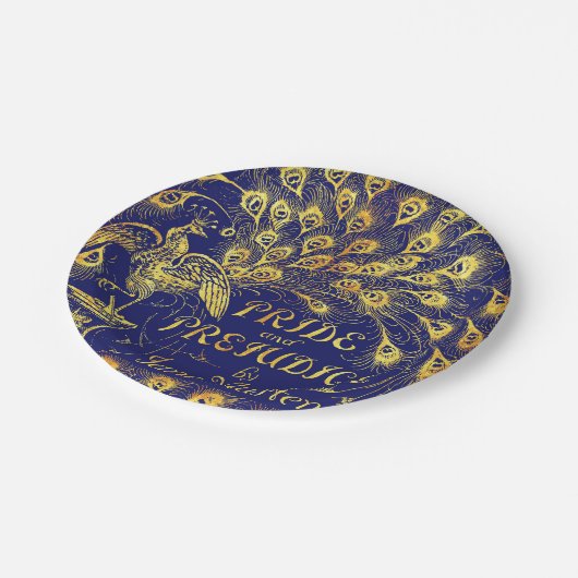 Stolz und Präjudice Blue Gold Pfauenbuchdeckung Pappteller (Schrägansicht)