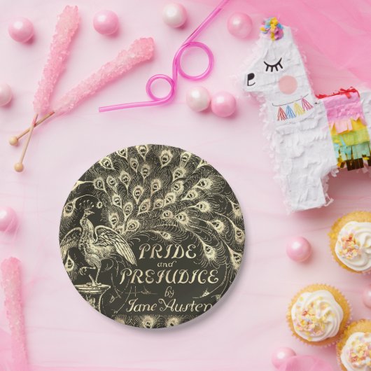 Stolz und Vorurteile Beige Gold Pfauenbuchdeckung Pappteller (Party)