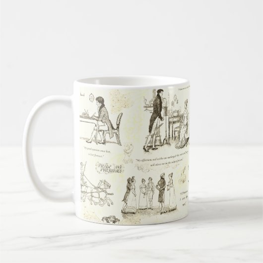 Stolz und Vorurteile Beige Sepia Toile Quotes Kaffeetasse (Links)