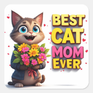 Stolze Katzenmutter mit süßer Blumenkatze 🐱 Quadratischer Aufkleber