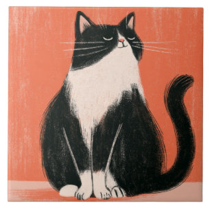 Stolze minimalistische Tuxedo-Katze auf Orange Fliese