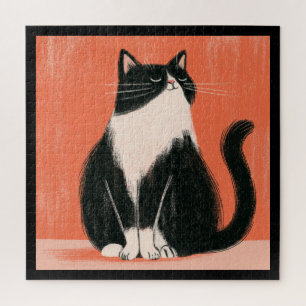 Stolze minimalistische Tuxedo-Katze auf Orange Puzzle