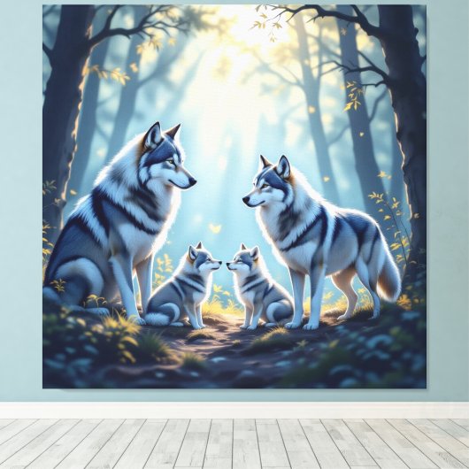 „Stolze Wolfsfamilie im Einklang der Natur“ Leinwanddruck (Insitu (Holzboden))