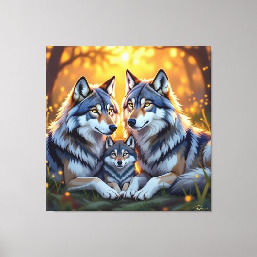 „Stolze Wolfsfamilie im Einklang der Natur“ Leinwanddruck (Vorderseite)