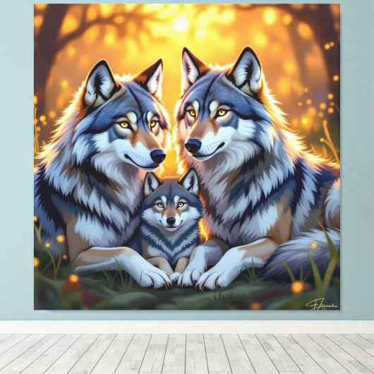 „Stolze Wolfsfamilie im Einklang der Natur“ Leinwanddruck (Insitu (Holzboden))