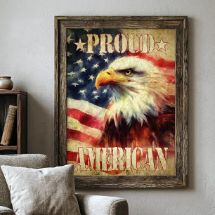Stolzer Amerikaner. Weißkopfseeadler und Flagge de Fotodruck