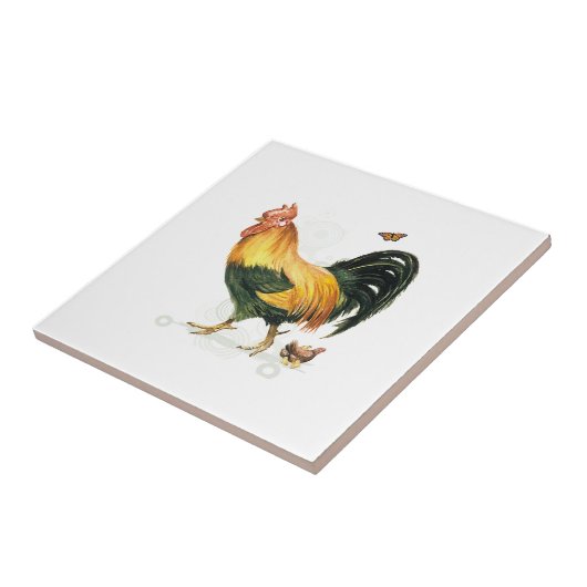 Stolzer Hahn mit Henne und Hühnern Fliese (Seite)