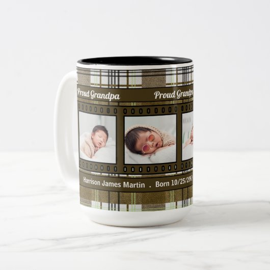 Stolzes neues Opa 4 Foto Kariert in Braun Zweifarbige Tasse (Vorderseite Links)