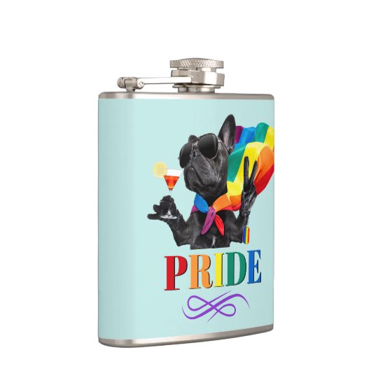 Stolzes Party Hund in Regenbogenkap Flachmann (Rechts)