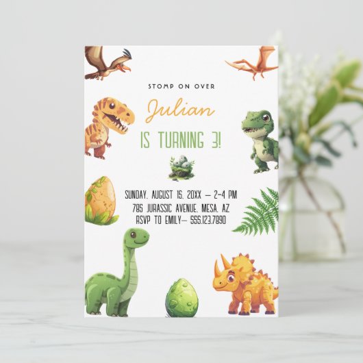Stomp auf Over Dinosaur Geburtstag Einladung (Stehend Vorderseite)