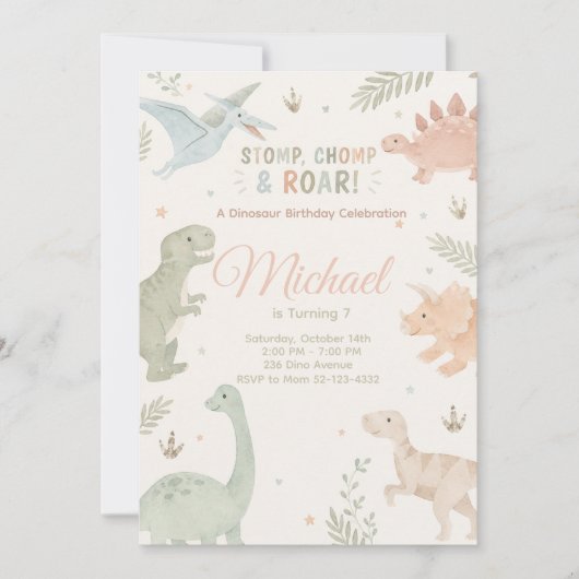 Stomp Chomp And Roar Dinosaur Invitation Editable Einladung (Vorderseite)