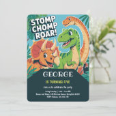 Stomp Chomp Brüll | Lustige süße Dinos 5. Geburtst Einladung (Stehend Vorderseite)