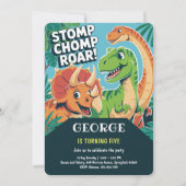Stomp Chomp Brüll | Lustige süße Dinos 5. Geburtst Einladung (Vorderseite)