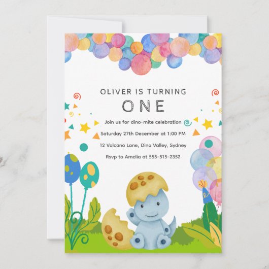 Stomp chomp Dinosaur 1. Geburtstag Einladung (Vorderseite)