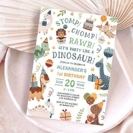 Stomp Chomp Rawr Dinosaur 1st Birthday Party Boy Einladung