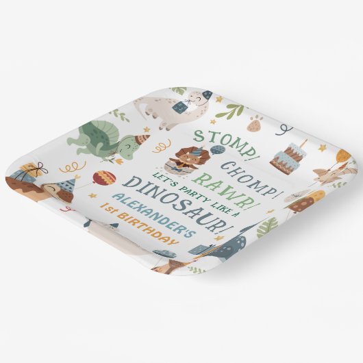 Stomp Chomp Rawr Dinosaur Boy 1st Birthday Pappteller (Gewinkelt)