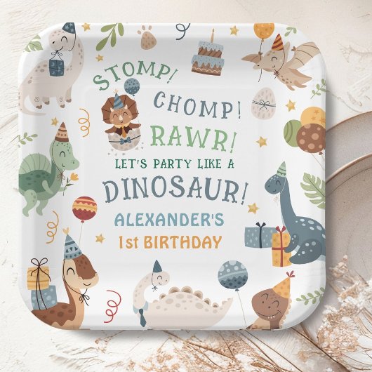 Stomp Chomp Rawr Dinosaur Boy 1st Birthday Pappteller
