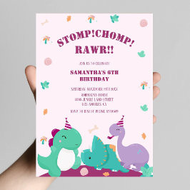Stomp Chomp Rawr Pink Niedlich Dinosaur Geburtstag Einladung