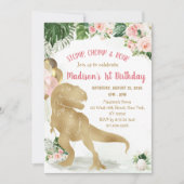 Stomp, Chomp, Road Dinosaur Gold Pink Birthday Einladung (Vorderseite)