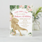 Stomp, Chomp, Road Dinosaur Gold Pink Birthday Einladung (Stehend Vorderseite)