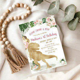 Stomp, Chomp, Road Dinosaur Gold Pink Birthday Einladung