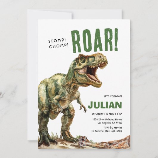 Stomp Chomp Roam Tyrex Geburtstag Einladung (Vorderseite)