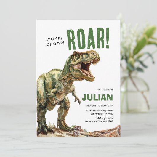 Stomp Chomp Roam Tyrex Geburtstag Einladung (Stehend Vorderseite)